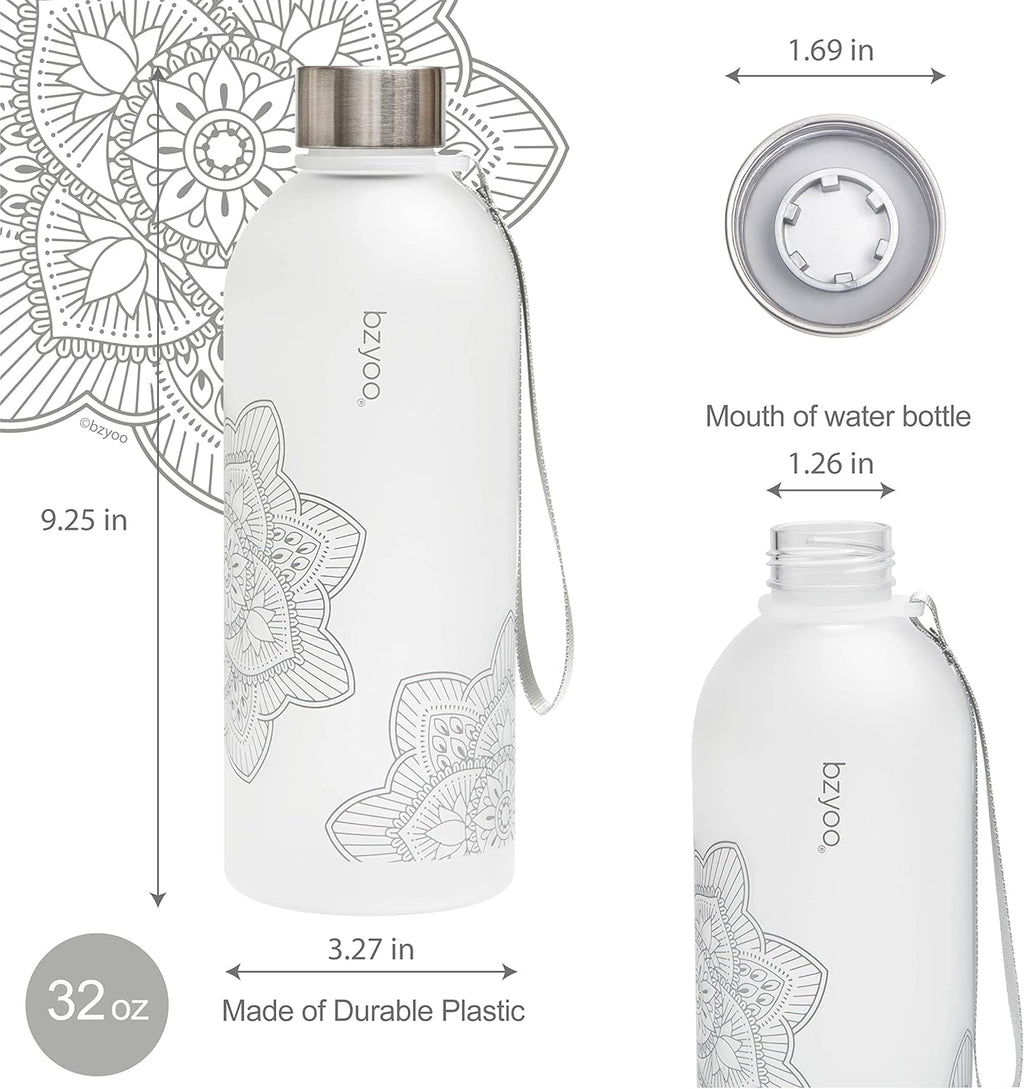 bzyoo 32 OZ 1 Liter Time Marker Water Bottle Frosted Durable Plastic With Strap - Reusable Clear Bottle With Times To Drink Time Markings For Daily Hydration Intake BPA Free (Silver)
